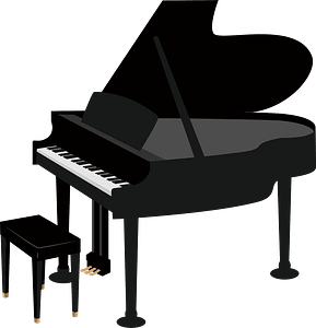 Black grand piano with open lid and matching bench on teal background.