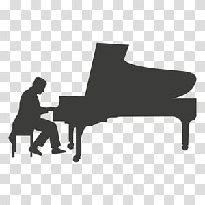 Silhouette of a pianist seated at a grand piano, playing music in profile view.