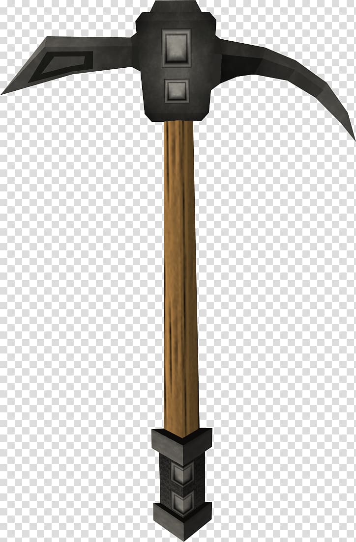 A stylized fantasy pickaxe with a wooden handle, dual curved metal heads, and ornate black metal fittings.
