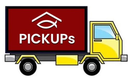 Red delivery truck with "PICKUPs" text and a fish-in-roof logo, symbolizing church-related pickup services.