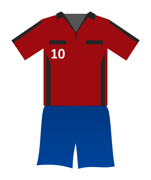 Red soccer jersey with black trim, gray collar, and white number 10 on chest.