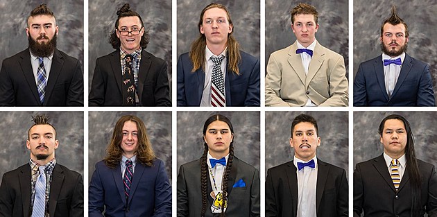 Ten young men in formal attire with diverse hairstyles and bow ties, posed in a two-row studio portrait.