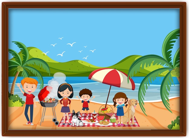 A happy family with kids and pets enjoying a beach picnic under a red-and-white umbrella, with barbecue and tropical scenery.