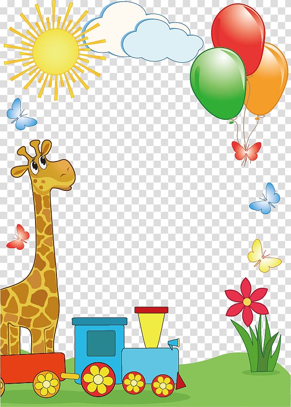 Cheerful cartoon giraffe beside a toy train, balloons, butterflies, sun, and flowers on a transparent background.