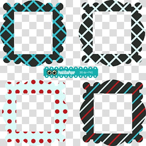 Four decorative square photo frames with geometric patterns in teal, black, red, and white on transparent background.