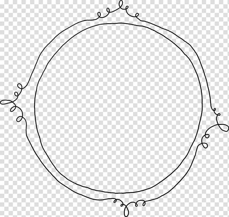 Hand-drawn ornate circular frame with decorative swirls at cardinal points on transparent background.