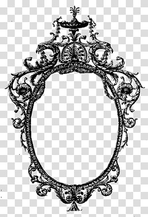 Ornate black-and-white Rococo-style oval frame with floral scrolls and crest ornamentation on transparent background.