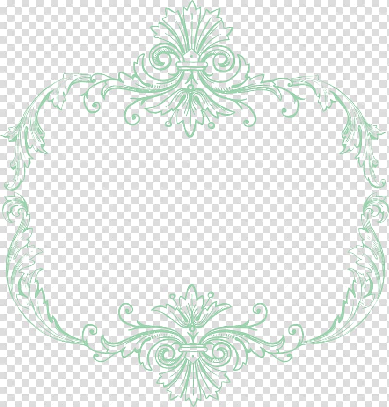Delicate mint-green ornate frame with rococo-style flourishes and symmetrical floral motifs on transparent background.