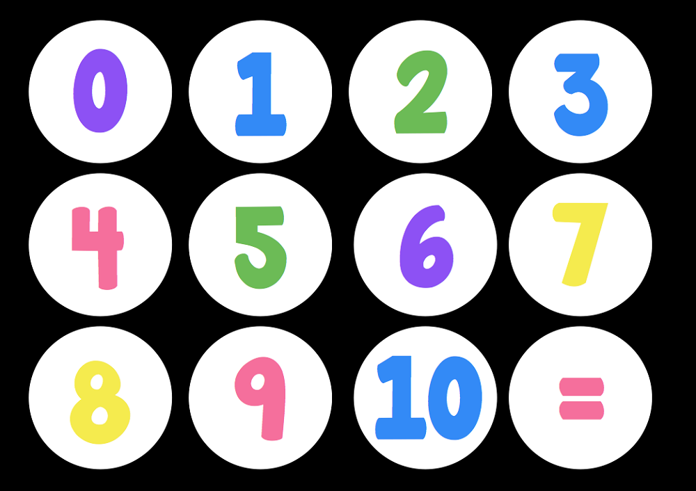 Colorful numbered circles 0-10 plus equals sign on black background, designed for early math education.