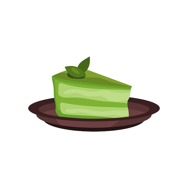 A slice of green matcha cheesecake on a brown plate, garnished with mint leaves.