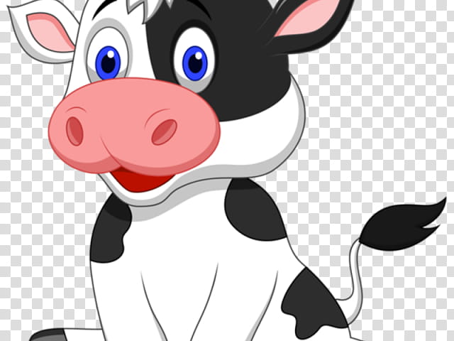 Cute cartoon black-and-white cow with big blue eyes, pink nose, and cheerful expression on transparent background.