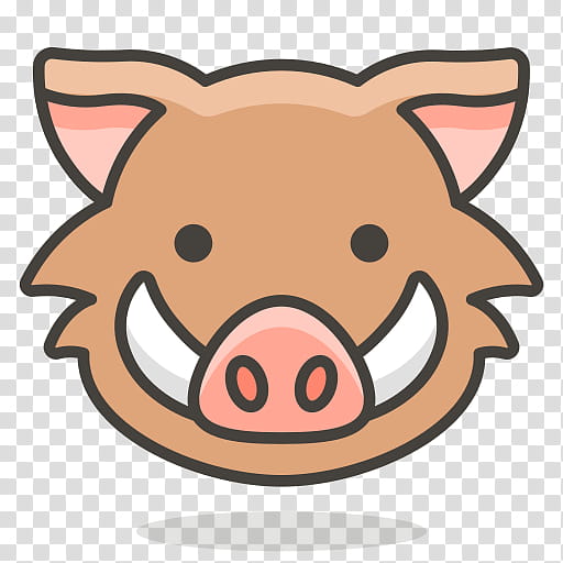 Cartoon illustration of a friendly wild boar with large tusks, pink snout, and perky ears on transparent background.