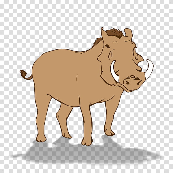 Cartoon illustration of a warthog standing sideways, showing large tusks, coarse brown fur, and a short tail on transparent background.