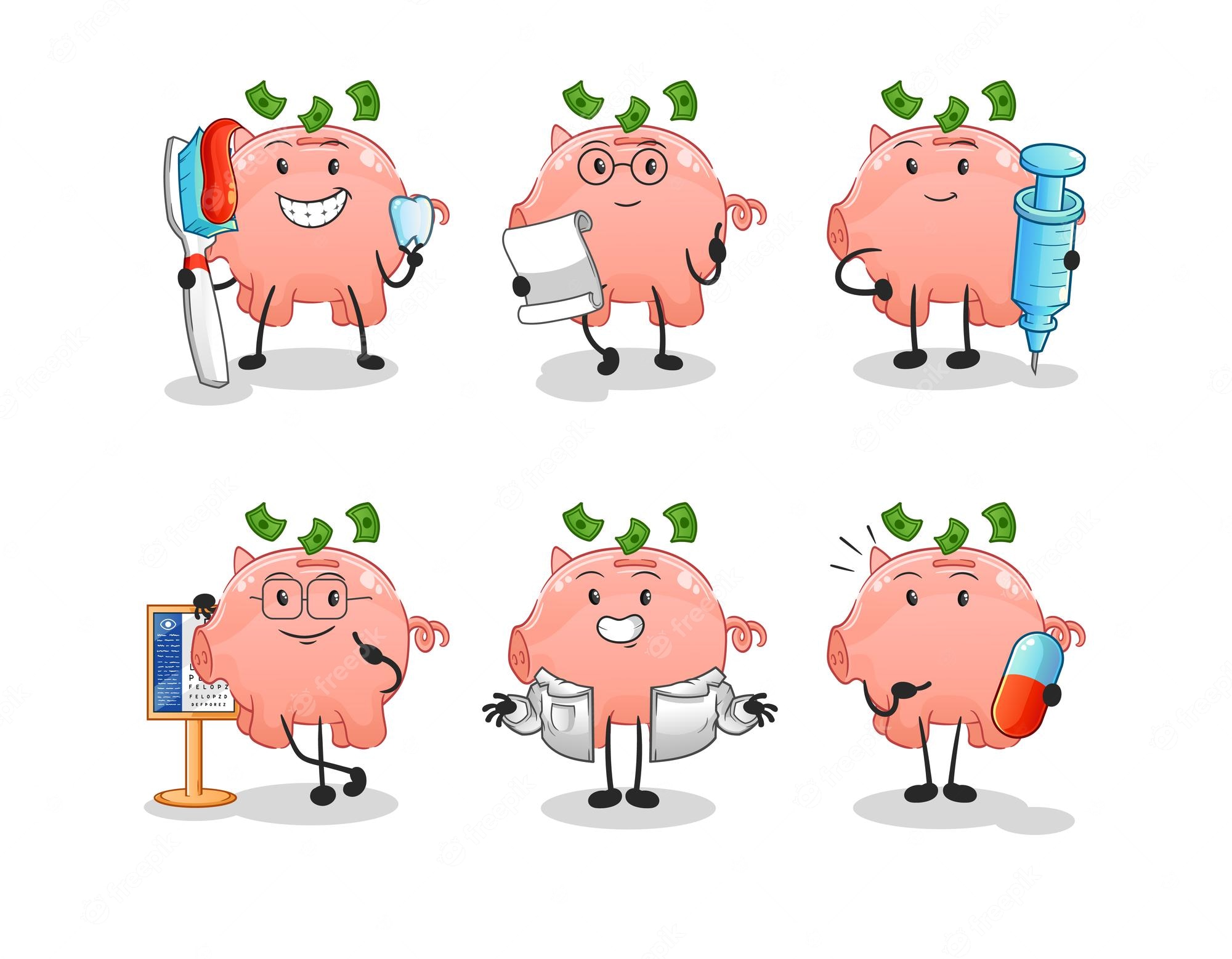 Six cartoon piggy banks in medical roles-dentist, optometrist, nurse, doctor-with money flying above them.