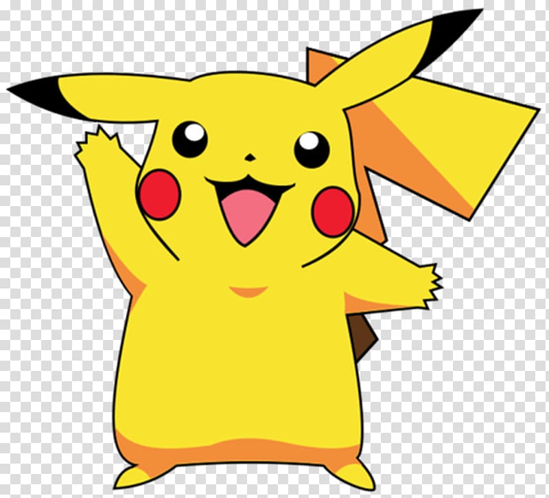 Cheerful Pikachu waving with both arms raised, yellow body, red cheeks, and lightning-bolt tail.