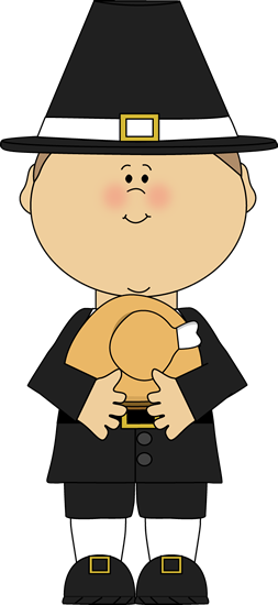 Cartoon pilgrim boy in black hat and outfit holding a turkey, smiling with rosy cheeks.
