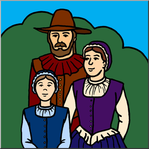 A historical illustration of a colonial-era family: father in wide-brimmed hat and ruff, mother in purple dress and cap, daughter in blue bodice and white cap.