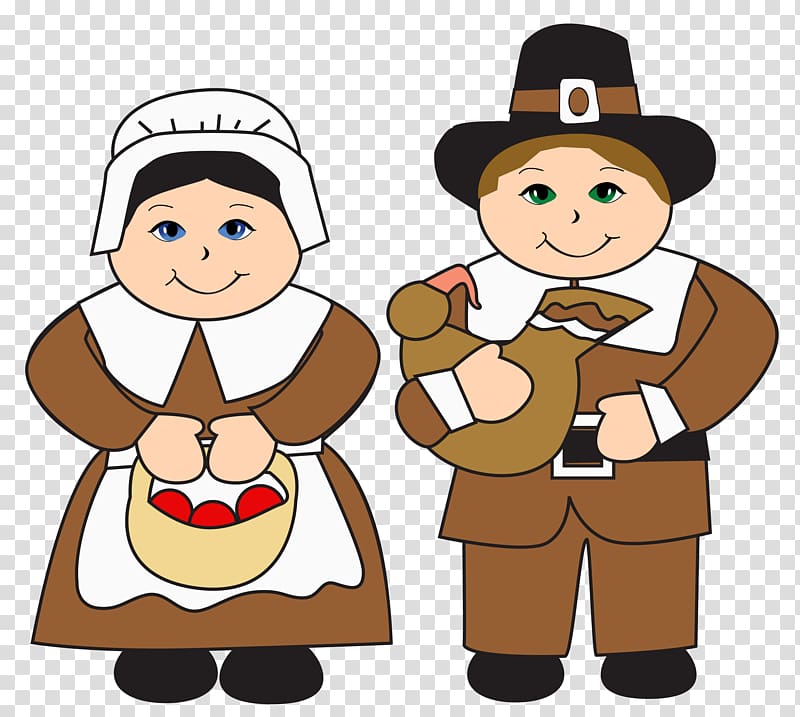 Cartoon pilgrim boy and girl in traditional Thanksgiving attire, holding food baskets and a cornucopia.