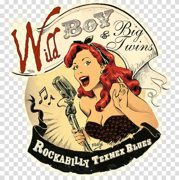 Vintage pin-up style logo for "Wild Boy & Big Twins" featuring a red-haired singer with a mic and "Rockabilly Texmex Blues" banner.
