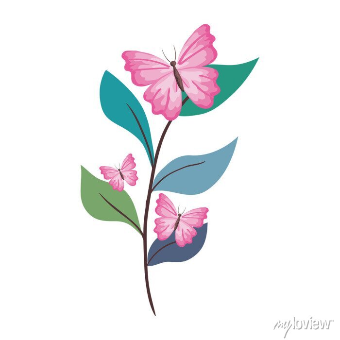 Pink butterflies resting on a stylized plant with teal, blue, and green leaves.