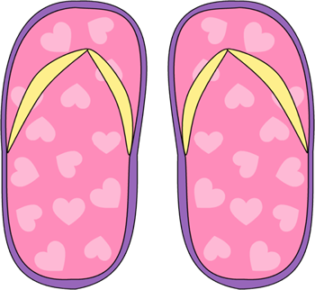 Pink flip-flops with heart pattern and yellow straps, purple trim, cartoon-style illustration.