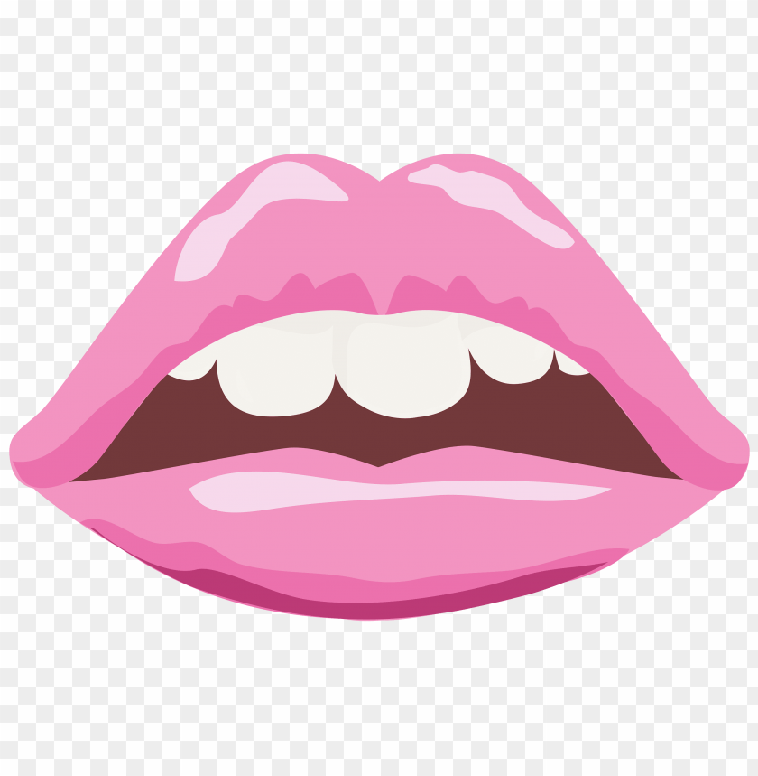 Pink cartoon lips open wide showing white teeth and dark interior, stylized glossy illustration on transparent background.