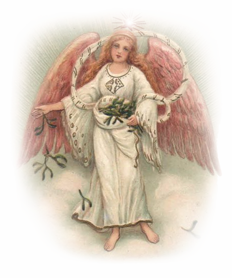 A serene angel with large pink wings, white robe, and halo holds mistletoe branches; vintage illustration style.