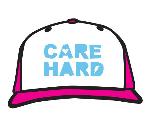 A white and pink baseball cap with "CARE HARD" in light blue text, heart replacing 'A' in CARE and lightning bolt in 'D' of HARD.