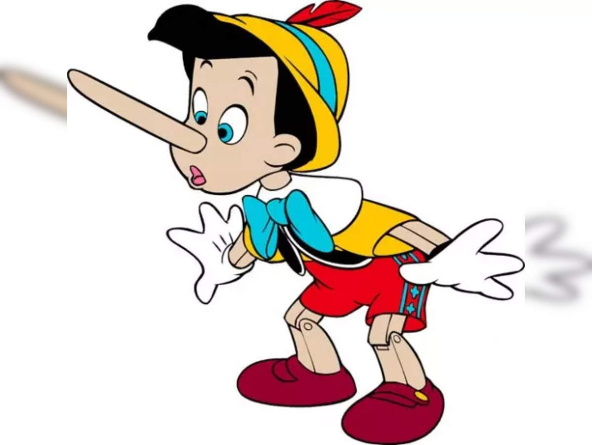 Pinocchio with long nose, wearing yellow hat with red feather, blue bowtie, red shorts, and white gloves.