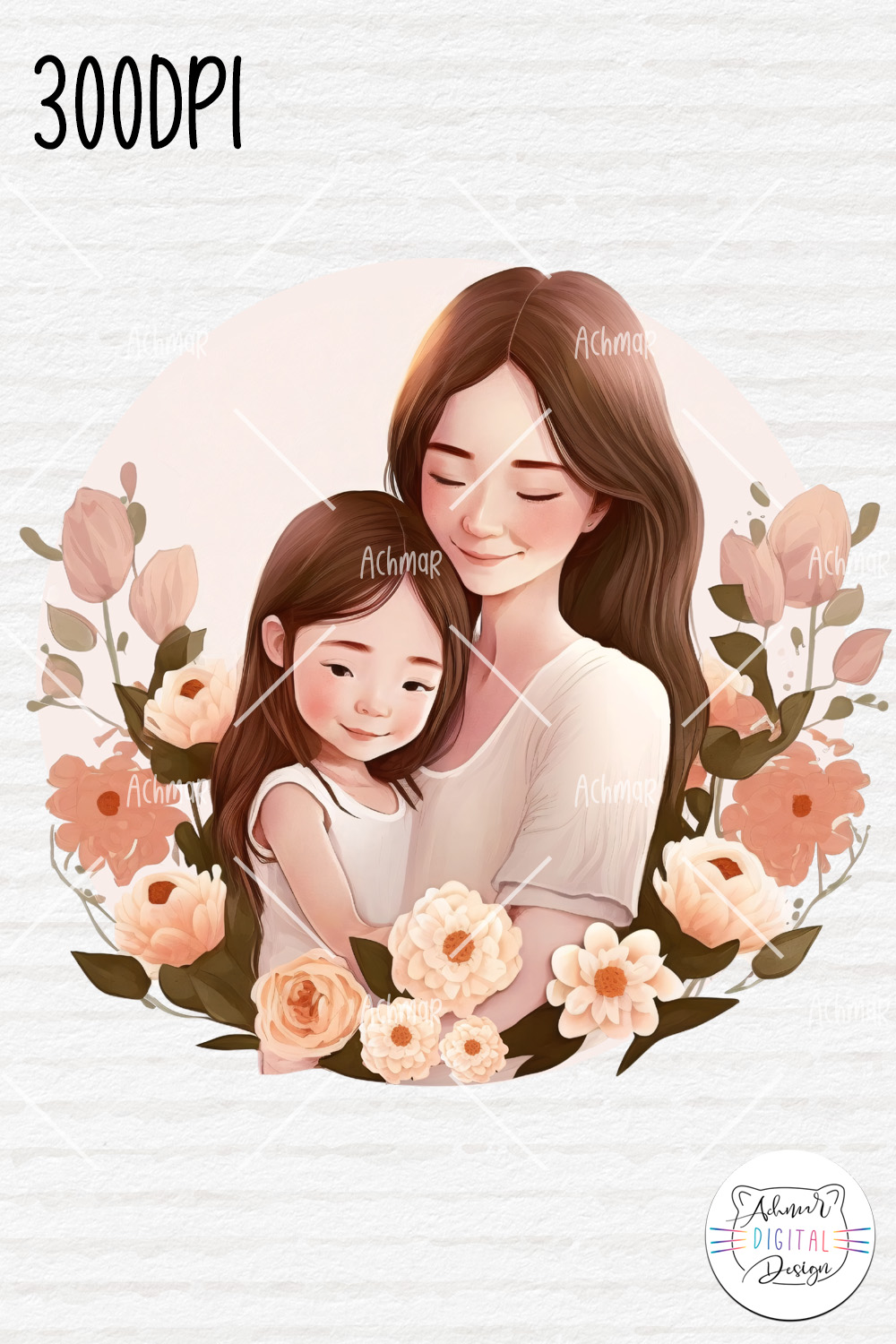 A tender illustration of a mother and daughter embraced, surrounded by soft peach and cream flowers in a circular frame.