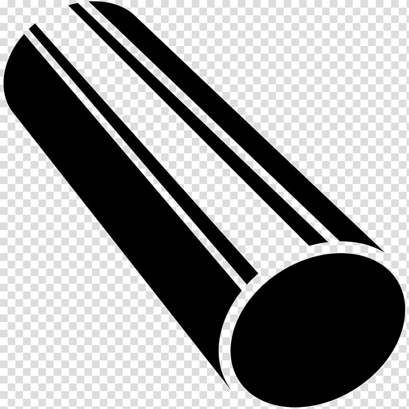 Black silhouette of a cylindrical pipe or tube with parallel lines indicating length and depth, angled diagonally on transparent background.
