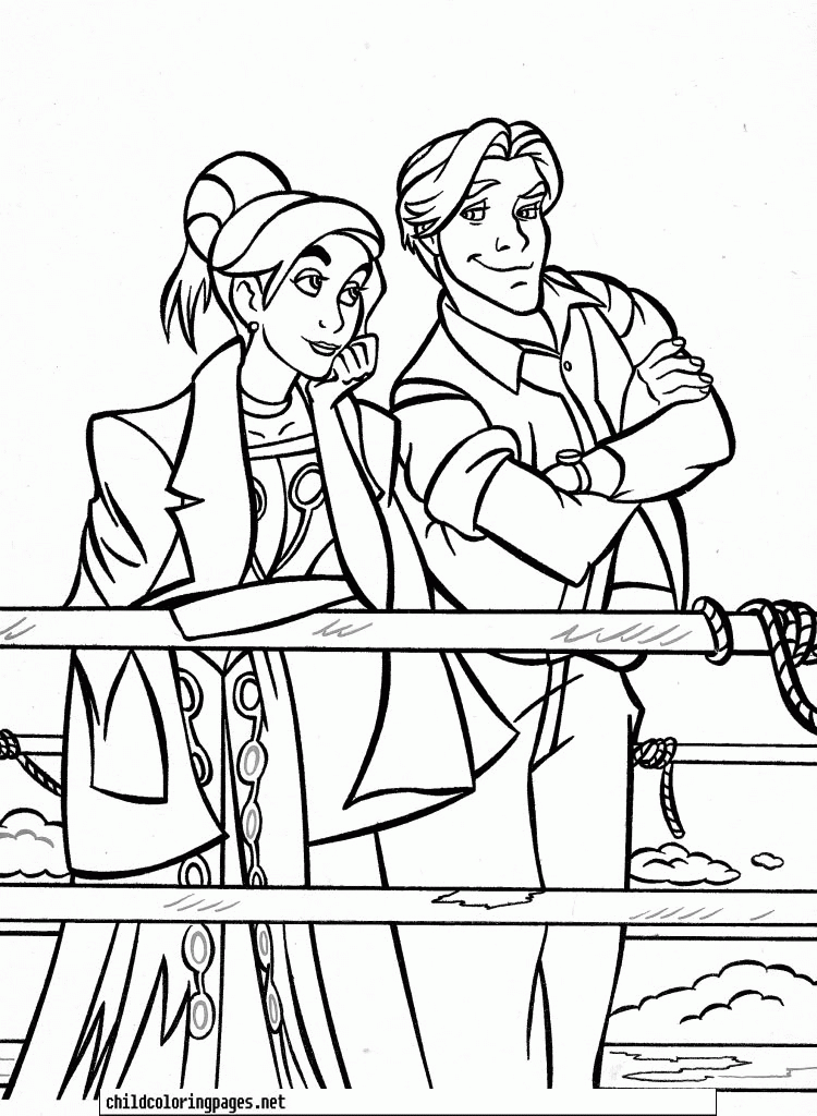 Animated couple standing on a ship’s deck, smiling and gazing forward-black-and-white coloring page.