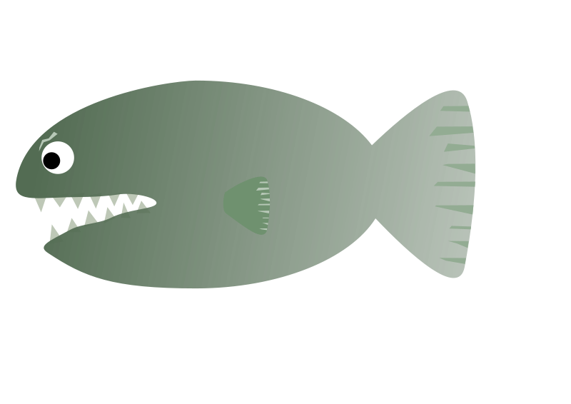 A cartoonish green fish with sharp jagged teeth, large white eye, and striped tail fin on a black background.