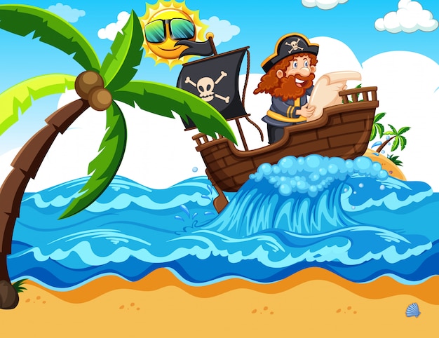 Cheerful pirate with beard and tricorn hat sails a wooden boat near a tropical beach under a smiling sun.