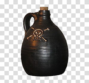 Dark ceramic jug with skull and crossbones emblem, cork stopper, and handle, evoking pirate or poison themes.