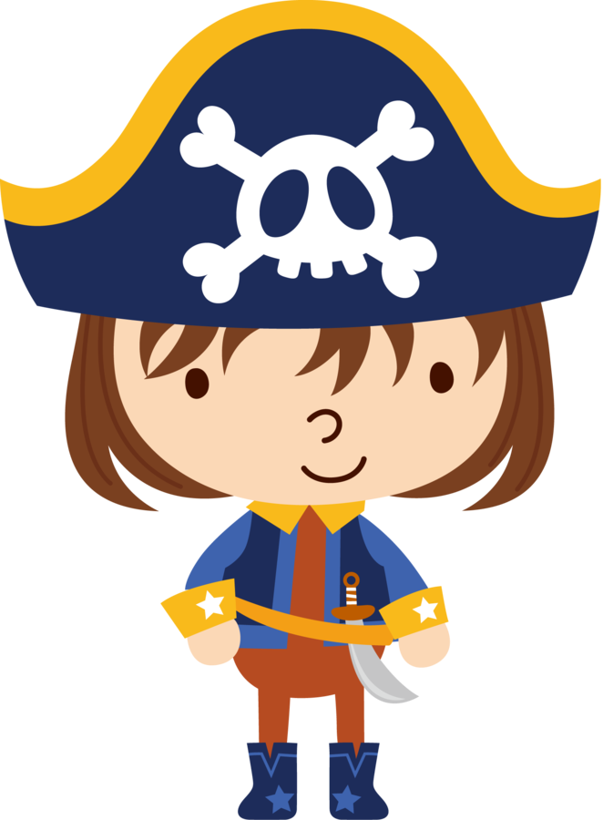Cute cartoon pirate child wearing tricorn hat with skull and crossbones, holding a sword and star-adorned sash.