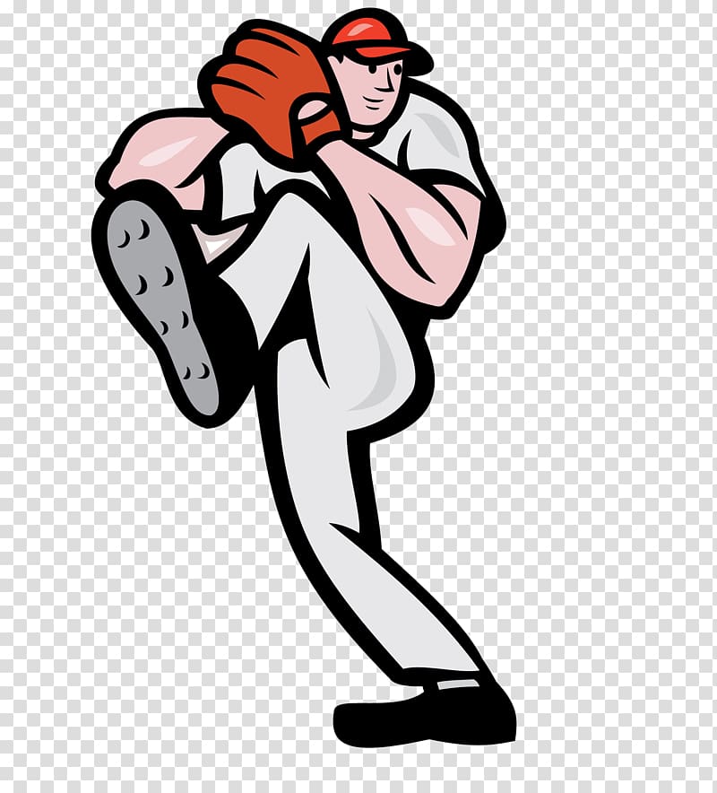 Cartoon baseball pitcher mid-throw, wearing white uniform, red cap and glove, dynamic pose on transparent background.