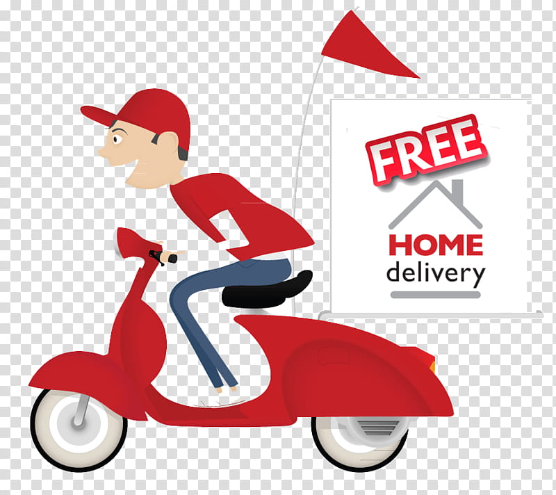 Delivery courier on red scooter with "FREE HOME delivery" sign and flag.