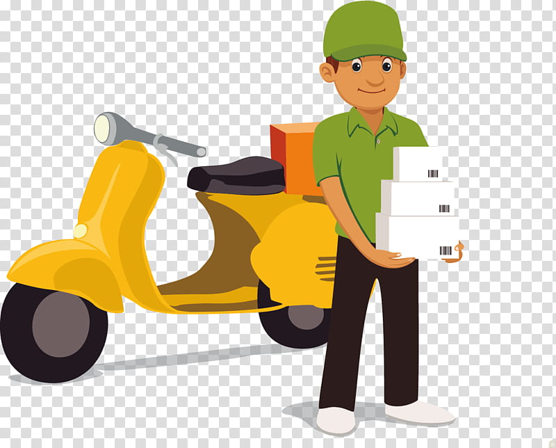 Delivery worker in green uniform holding packages beside a yellow scooter.