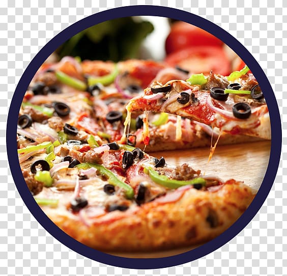 Freshly baked pizza with melted cheese, black olives, green peppers, onions, and ground beef on a wooden board.
