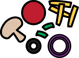 Abstract food and kitchen icon set including mushroom, tomato, chopsticks, ring, and circle elements on black background.