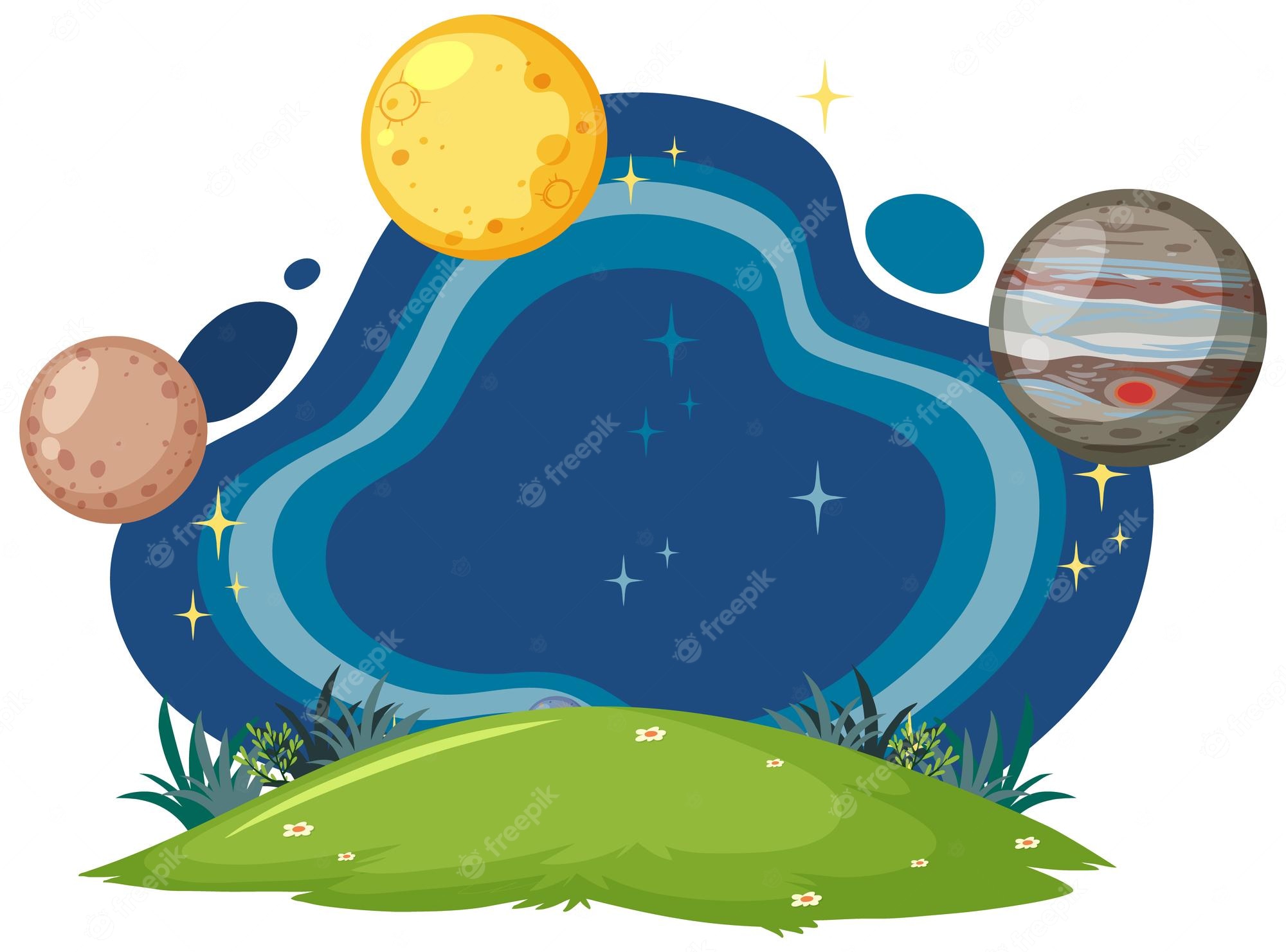 A whimsical cartoon space scene with three planets, stars, and a grassy hill in the foreground.