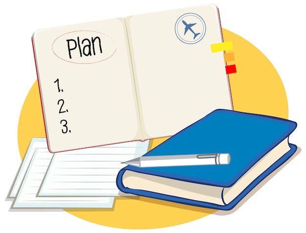 Open notebook labeled "Plan" with numbered list, airplane icon, sticky tabs, blue journal, and pen on papers against yellow circle.