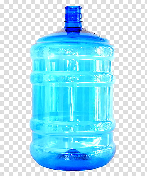 Large translucent blue 5-gallon plastic water jug with ribbed design and cap, isolated on transparent background.