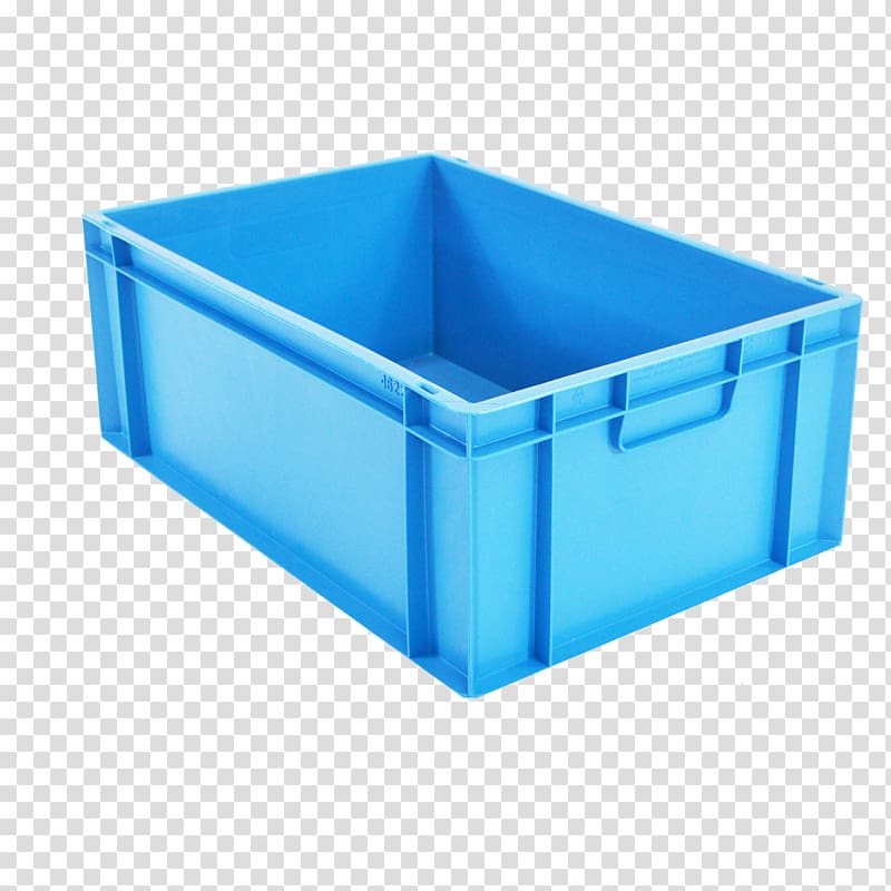 Blue rectangular plastic storage bin with integrated handles and reinforced corners, empty and ready for use.
