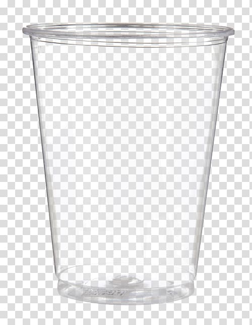 Clear disposable plastic cup with transparent walls and thick rim, isolated on checkered background.