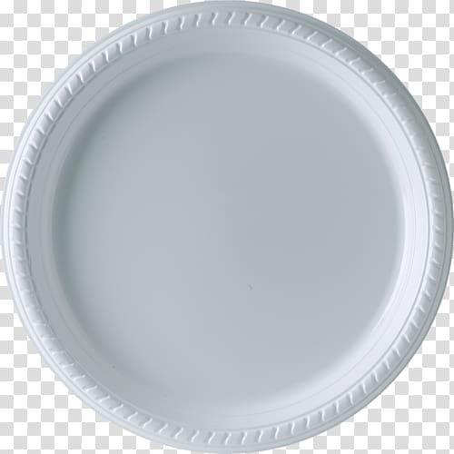 White disposable plastic plate with textured rim on transparent background