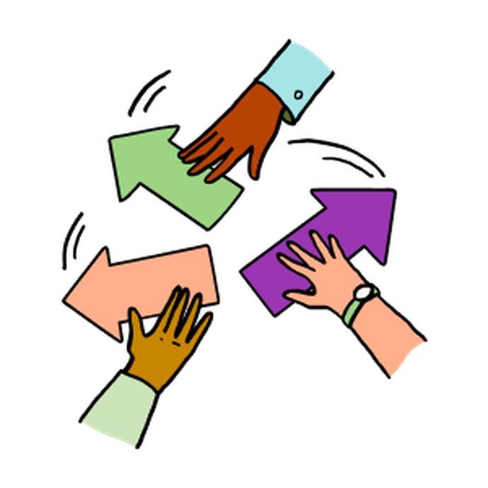 Four diverse hands pushing colorful arrows in a circular flow, symbolizing collaboration and direction.