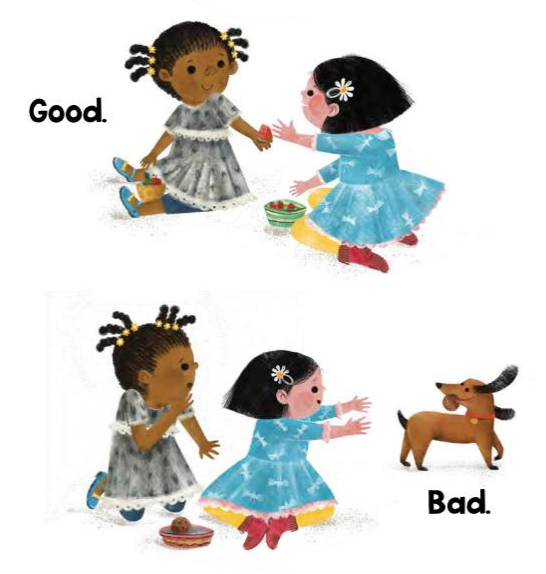 Two girls sharing strawberries (Good) vs. a dog stealing food (Bad), illustrating kindness versus misbehavior.