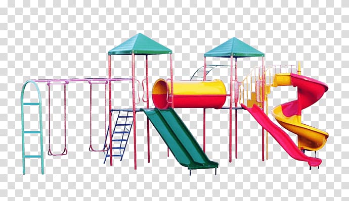 Colorful children's playground with slides, climbing frames, swings, and tunnels on transparent background.